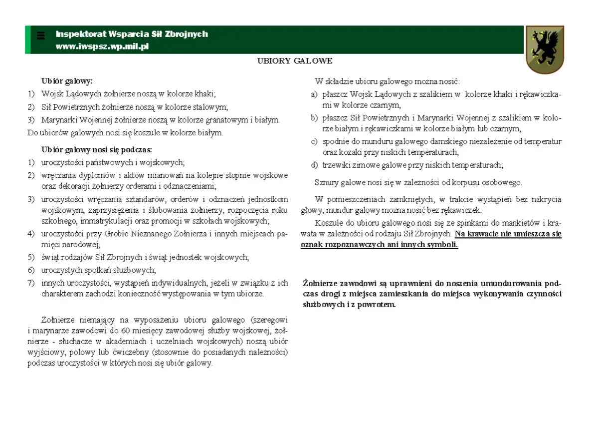 Fragment tekstu o ubiorach galowych Wojska Polskiego, z elementami graficznymi.