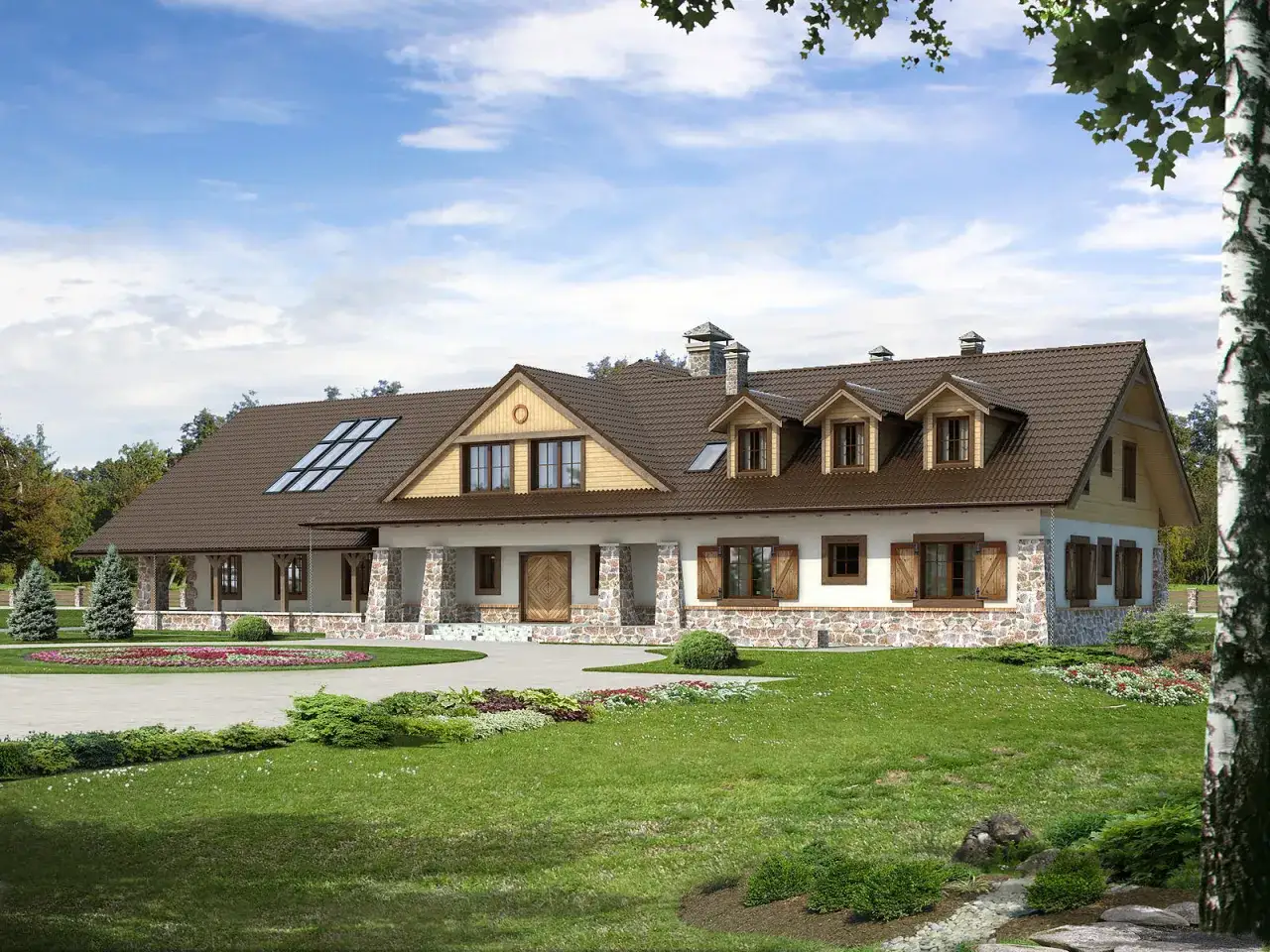 Projekt pensjonatu 10 pokoi. Dom z kamienną podmurówką, drewnianymi okiennicami i lukarnami, otoczony zielenią.