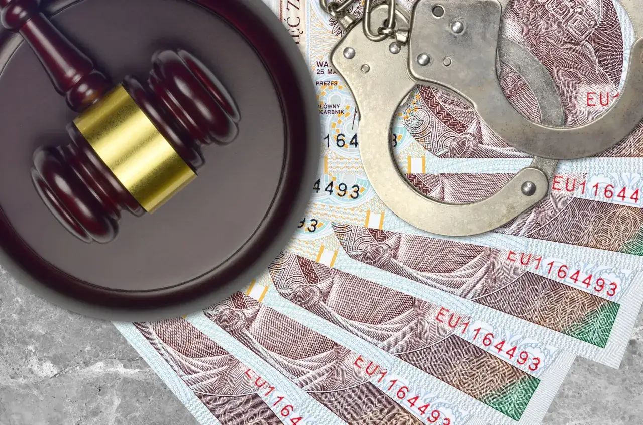 Młotek sędziowski, kajdanki i polskie banknoty na szarym tle.