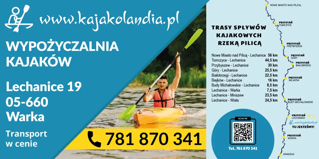 Młody mężczyzna w kamizelce ratunkowej wiosłuje kajakiem po rzece.