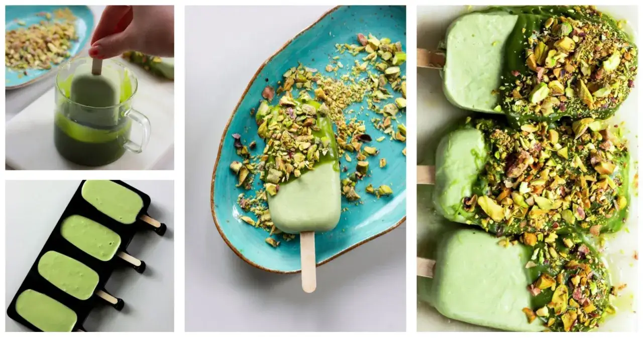 Pyszne lody na patyku w pistacjowej odsłonie, zanurzane w zielonej polewie i posypywane chrupiącymi orzechami.