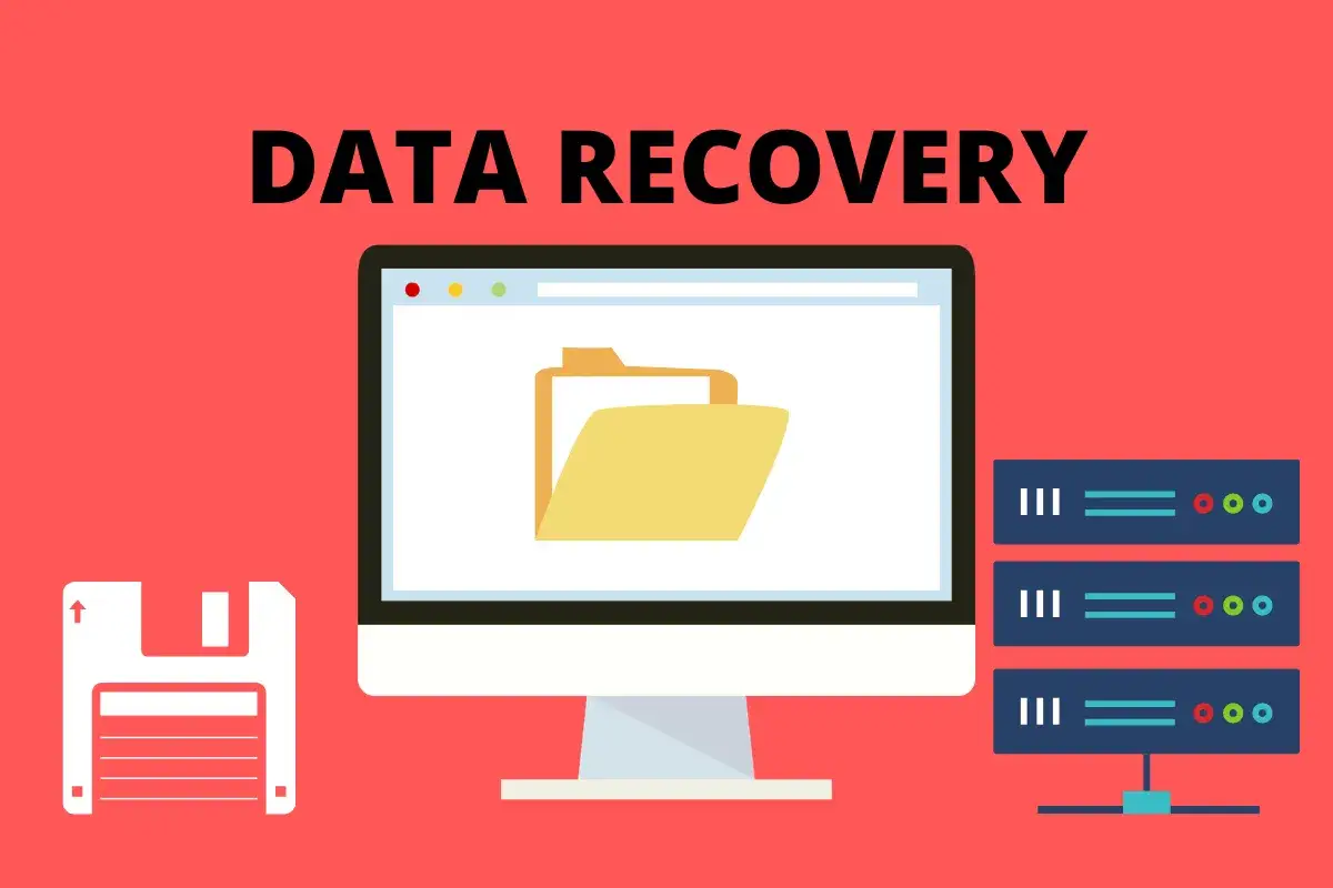 Grafika przedstawia komputer z otwartym folderem, dyskietkę i serwery. To wizualizacja programu do odzyskiwania danych.