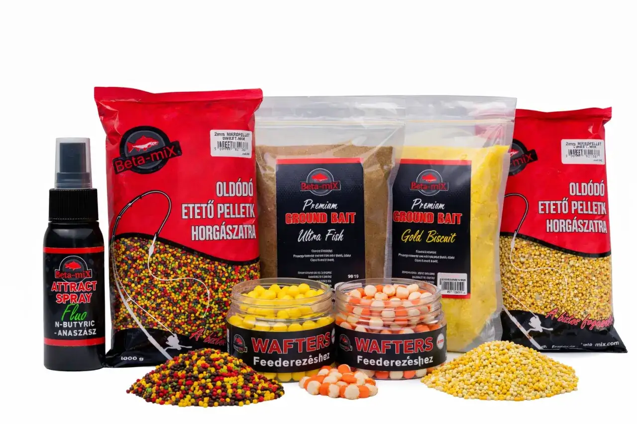 Zestaw zanęt Dynamite Baits: pellet, ground bait, spray i waftersy. Idealne do połowu ryb.