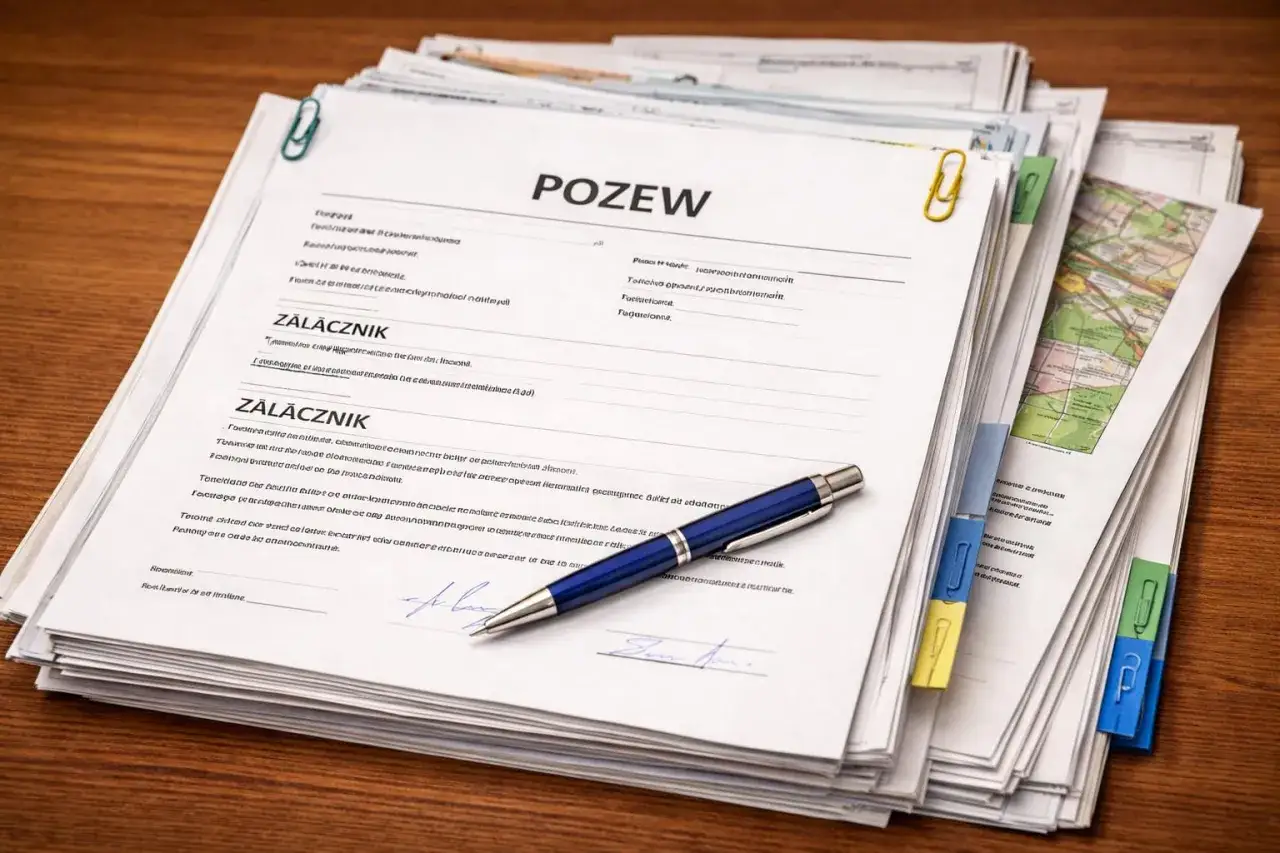 Stos dokumentów z nagłówkiem "POZEW" i niebieskim długopisem. Dowiedz się, jak napisać pozew do sądu, analizując te materiały.