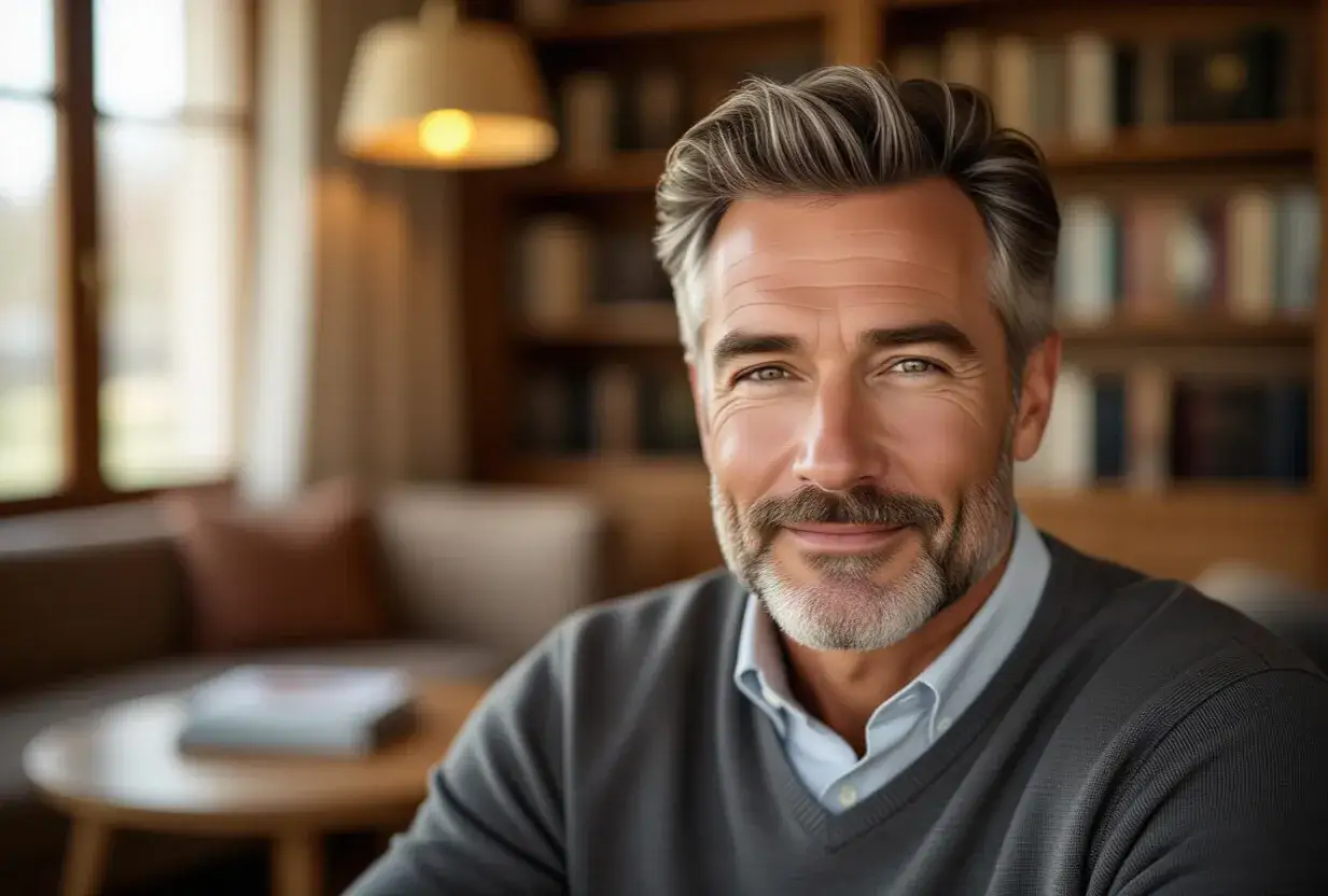 Uśmiechnięty mężczyzna po 50. z siwymi włosami i brodą, w szarym swetrze. W tle regały z książkami i okno.