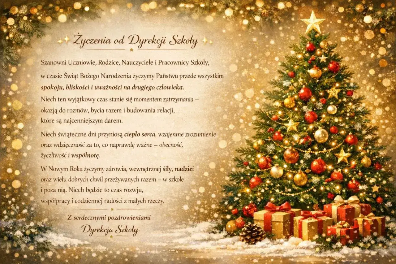 Oficjalne życzenia bożonarodzeniowe od Dyrekcji Szkoły: choinka, prezenty i złote ozdoby.