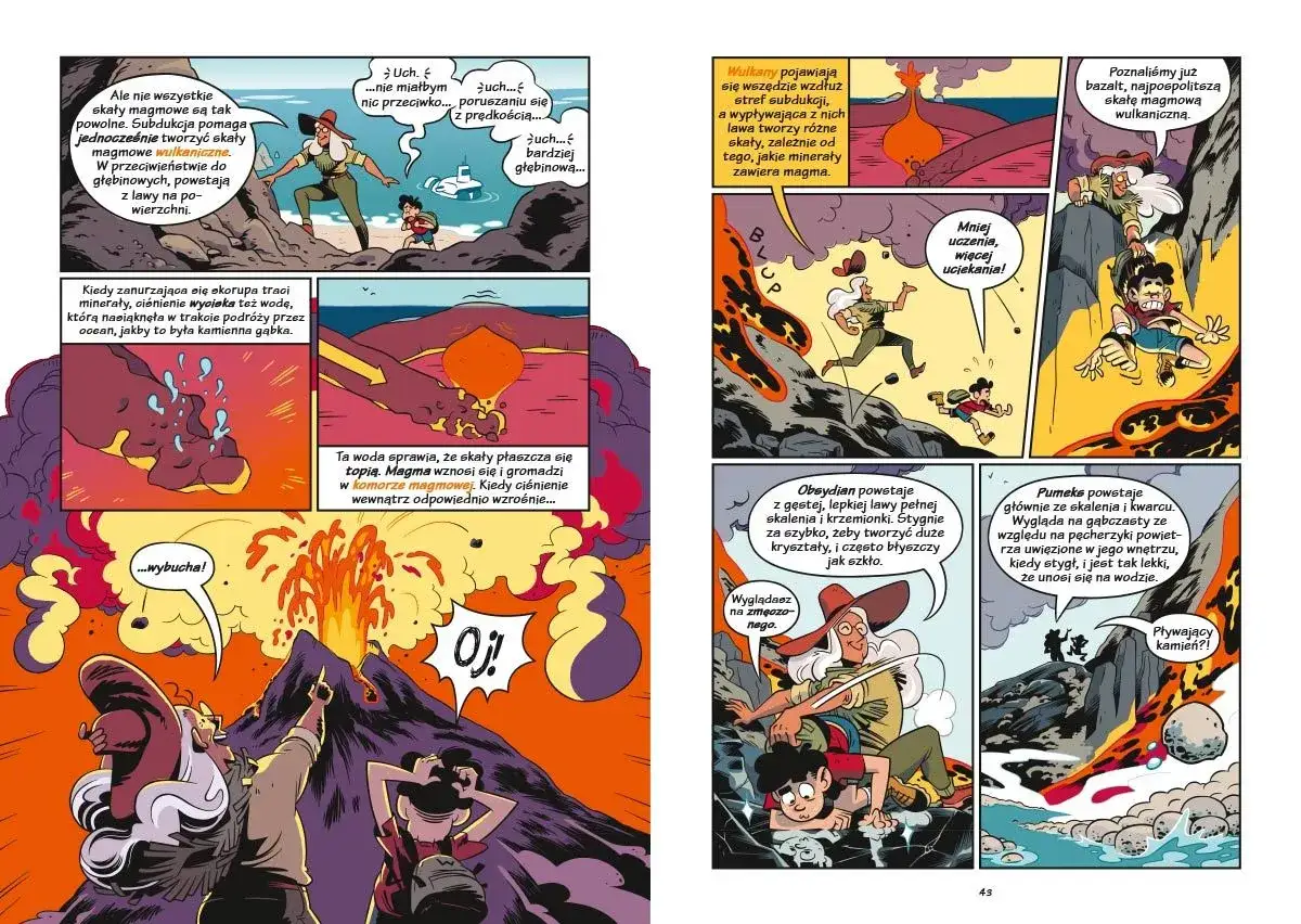 Jak wygląda komiks: naukowcy badają wulkany, lawę i minerały. Dzieci uciekają przed erupcją, a potem obserwują pływające kamienie.