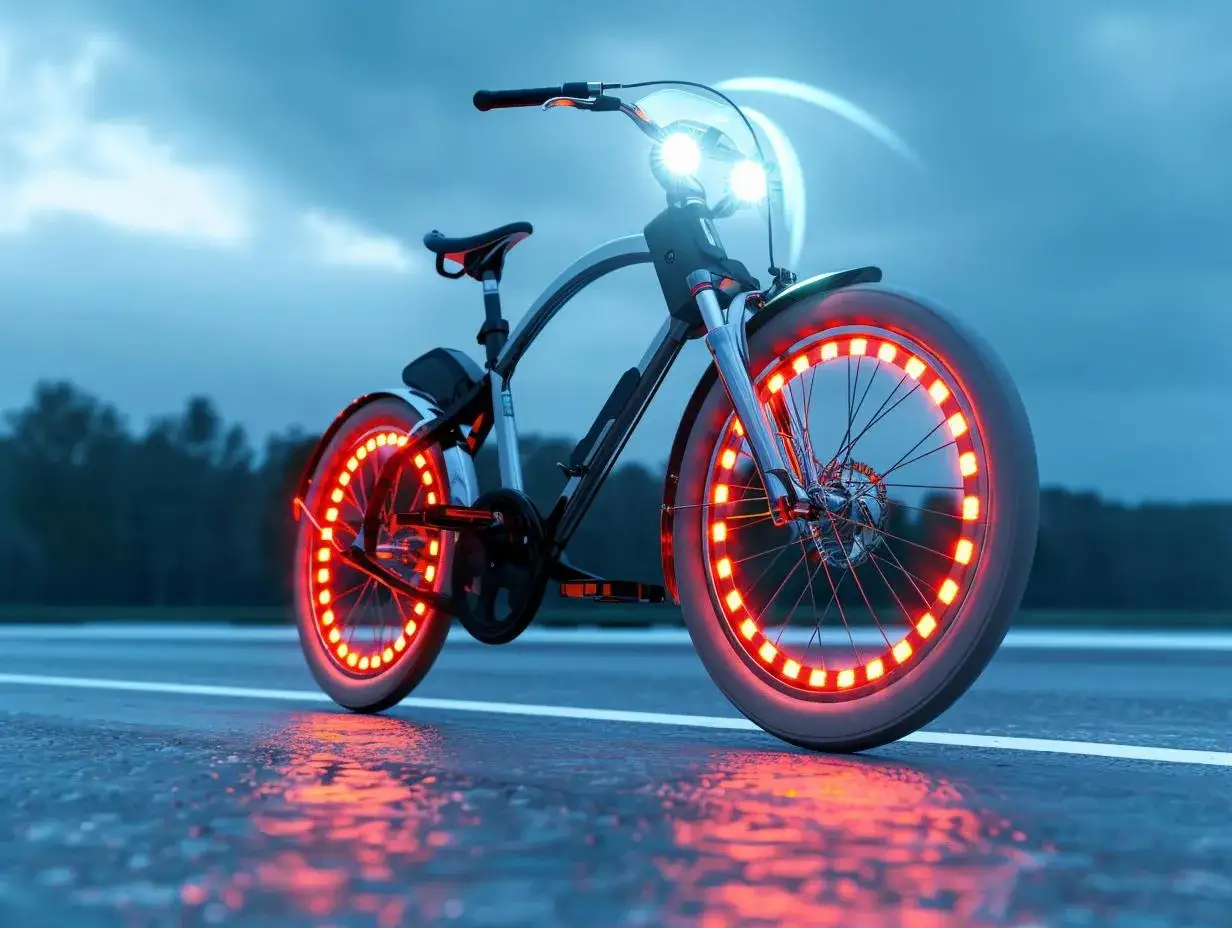 Rower z nowoczesnymi gadżetami: świecące na czerwono obręcze kół i białe światła z przodu. Jazda nocą staje się bezpieczniejsza i efektowna.