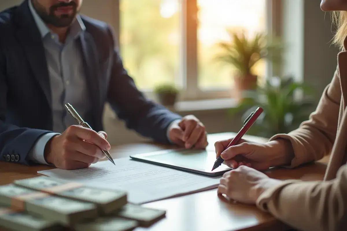 Dwie osoby podpisują dokumenty, obok leżą stosy pieniędzy.