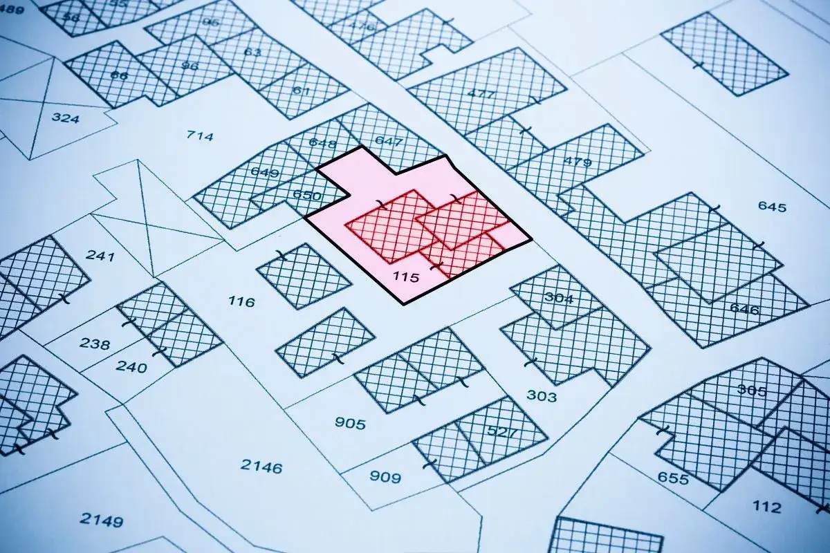 Mapa działek z zaznaczonym obszarem 115. Może to oznaczać zmianę w księdze wieczystej lub planowane inwestycje.