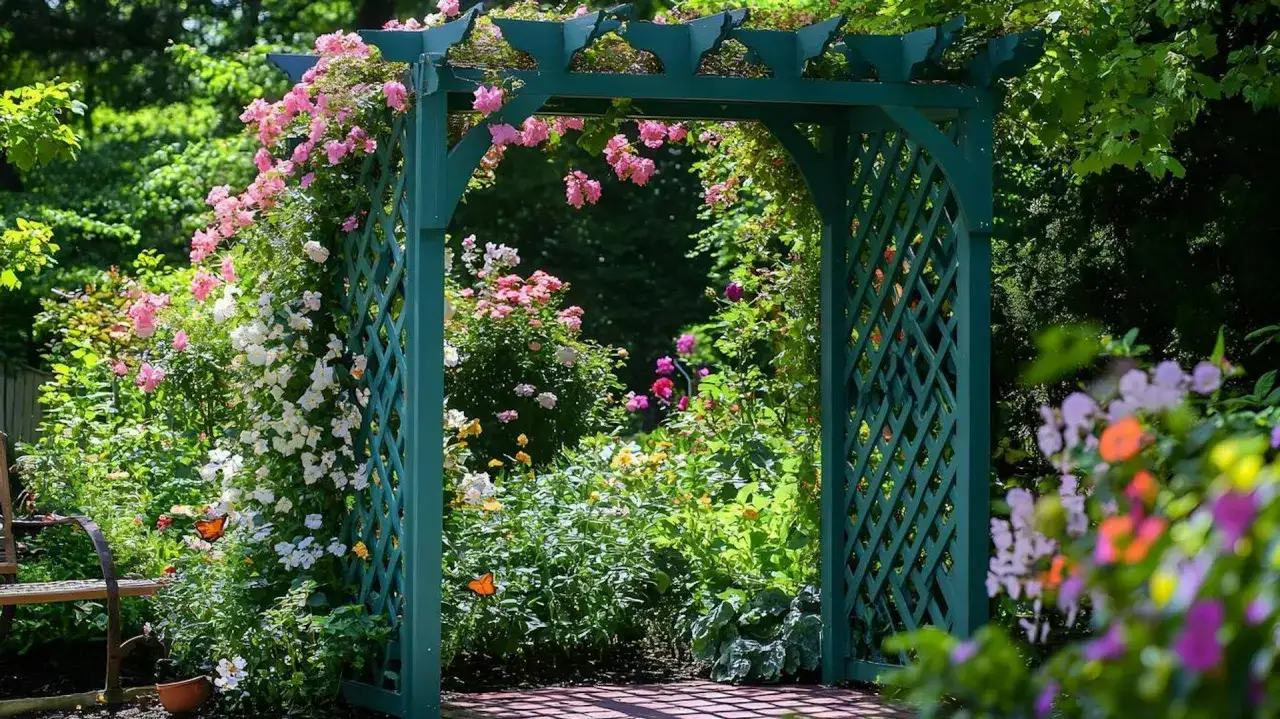 Zielona pergola w ogrodzie, porośnięta kwitnącymi różami i innymi kwiatami.
