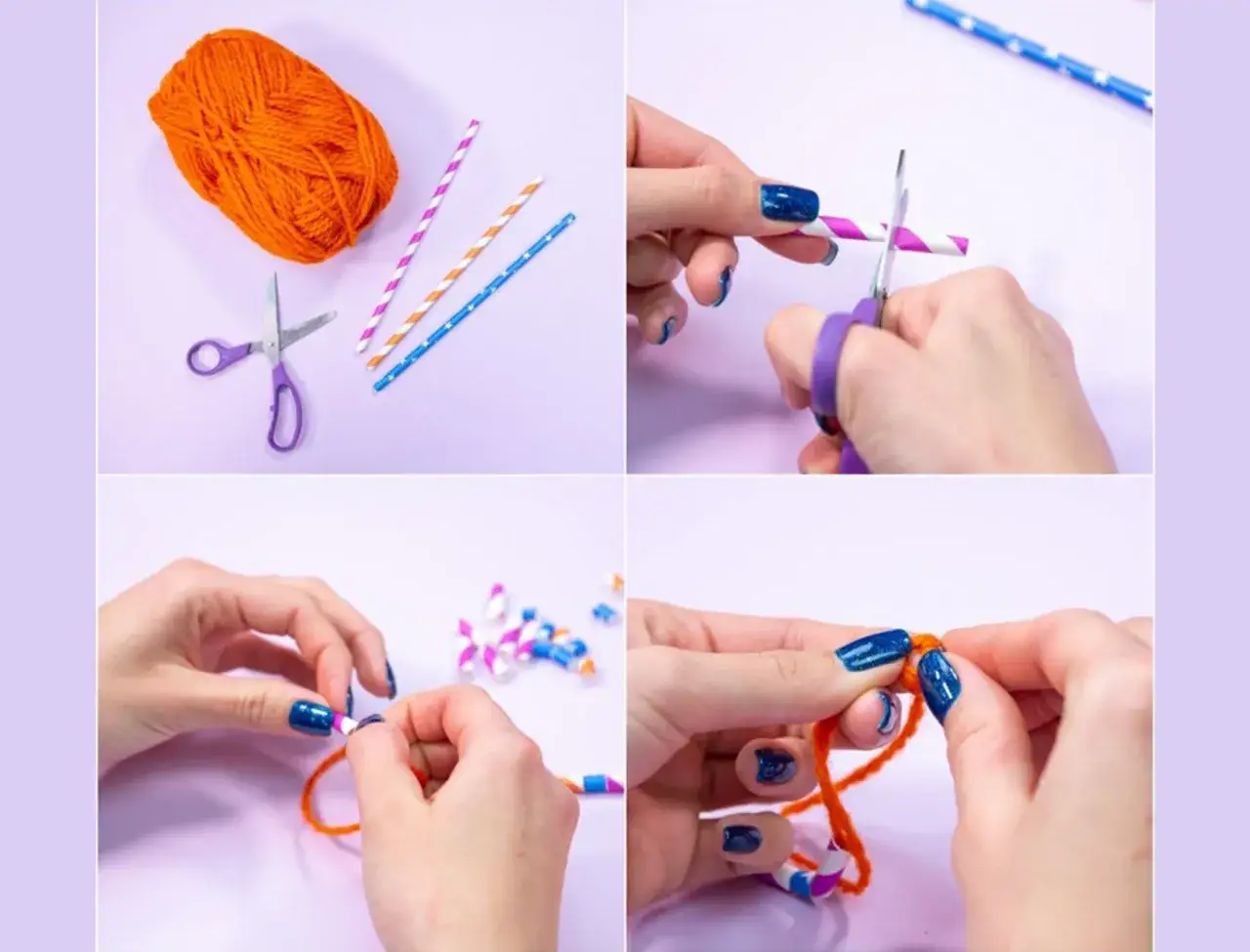 Tworzenie kolorowego naszyjnika z muliny i słomek. Widać kłębek pomarańczowej muliny, nożyczki i pocięte słomki.