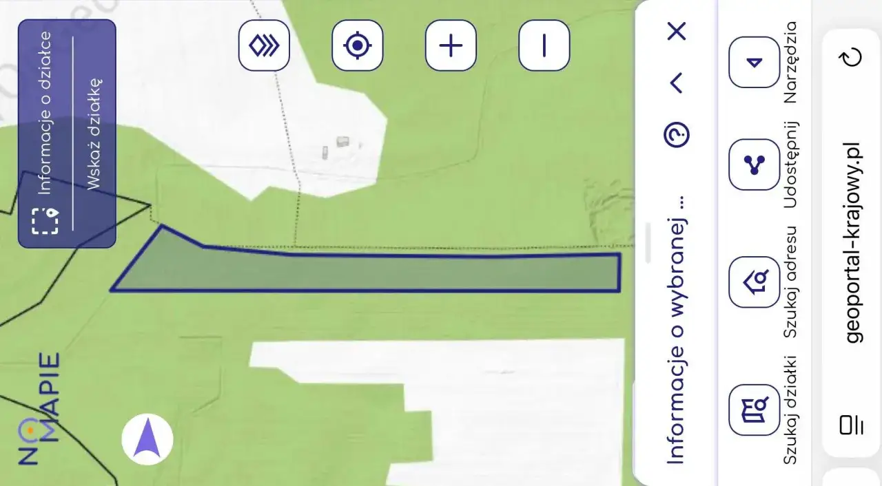 Mapa działki na geoportal powiat bialski. Widok mapy z zaznaczonym obszarem i opcjami wyszukiwania.