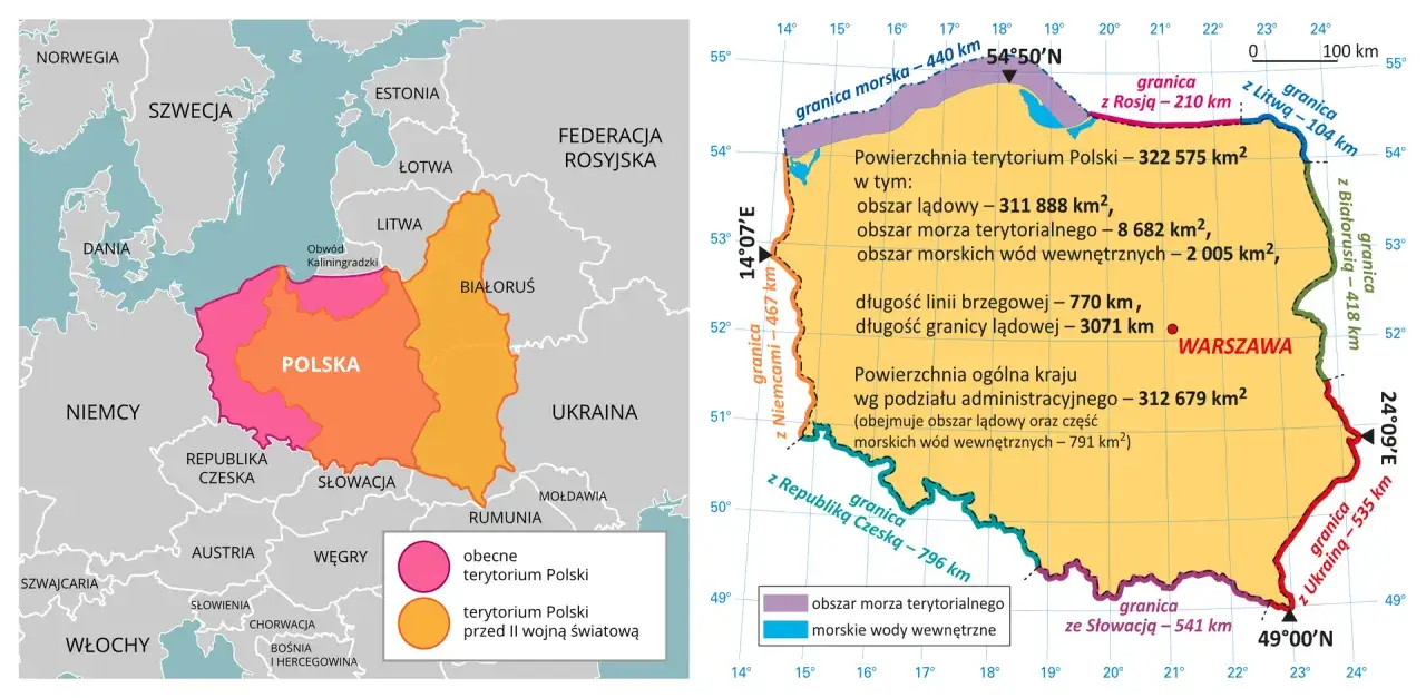 Mapa Europy z zaznaczoną Polską. Pokazuje obecne terytorium Polski i obszar przed II wojną światową.