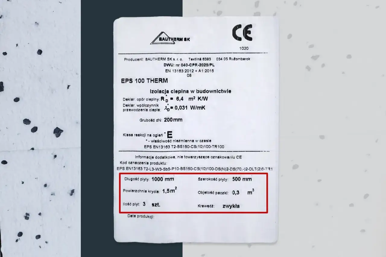 Etykieta produktu z wymiarami płyt styropianowych: długość 1000 mm, szerokość 500 mm, powierzchnia krycia 1,5 m², ilość 3 szt.