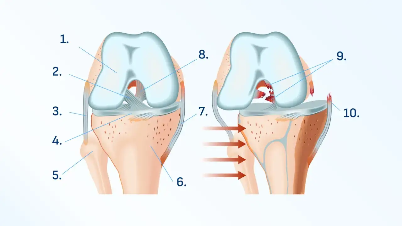 Ilustracja pokazuje uszkodzenie więzadła krzyżowego, co oznacza ból kolana. Po prawej stronie widać rozerwane więzadło.