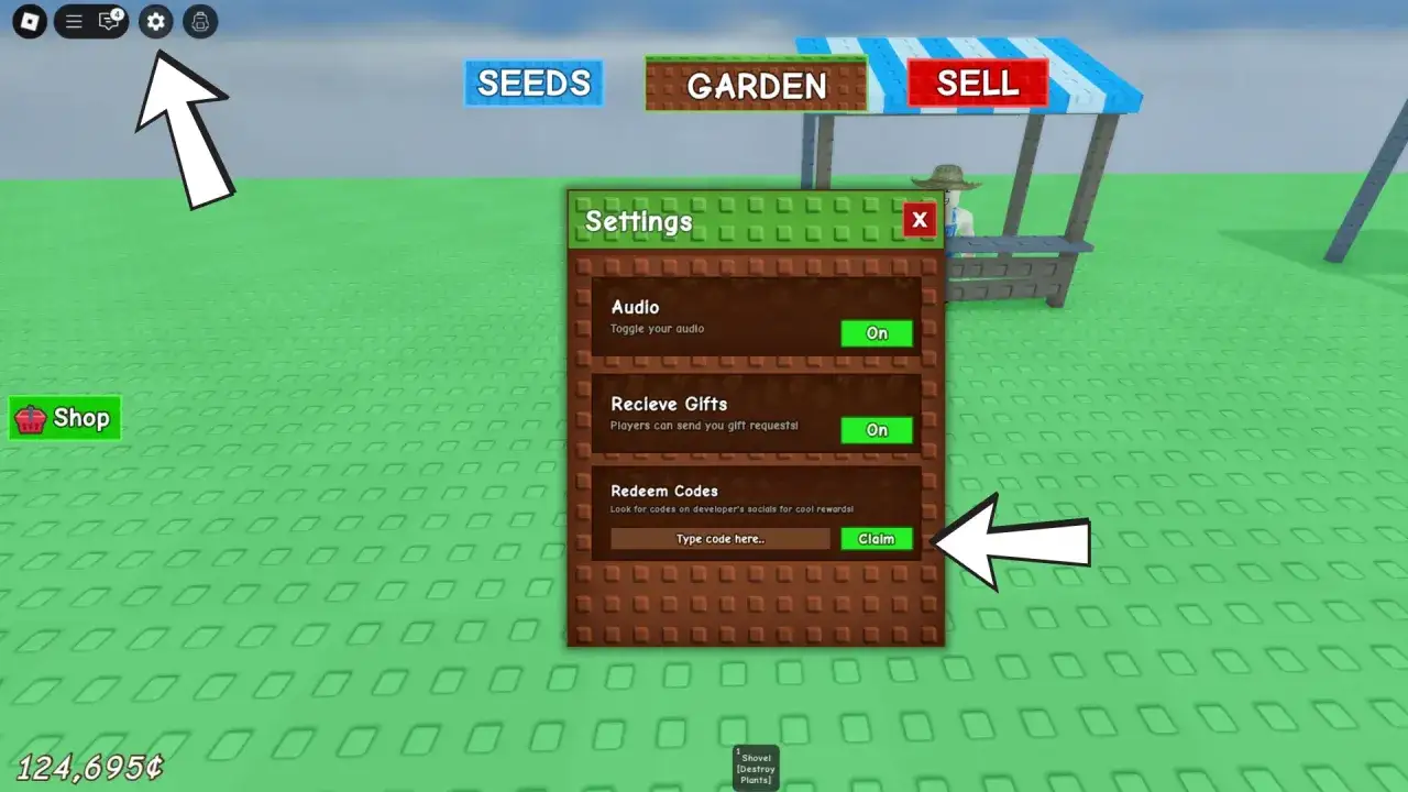 Ustawienia gry z opcją wpisywania kodów do grow a garden.