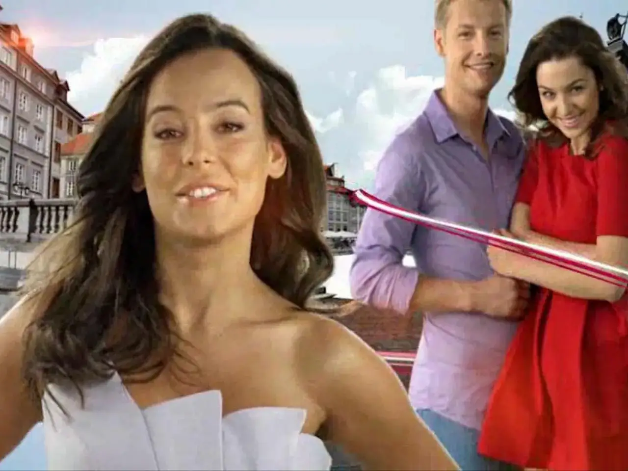 Trzy osoby na tle miasta. Kobieta w białej sukni, mężczyzna w fioletowej koszuli i kobieta w czerwonej sukience. Może to fragment teledysku "M jak miłość tekst piosenki".