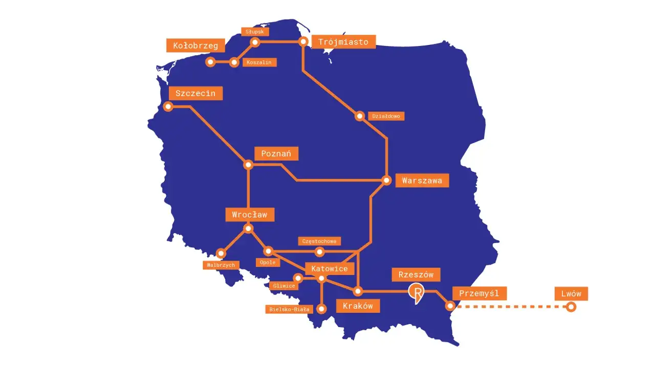 Mapa Polski z zaznaczonymi trasami kolejowymi. Widoczna jest trasa do Rzeszowa, łącząca wiele miast, w tym Warszawę, Kraków i Przemyśl.