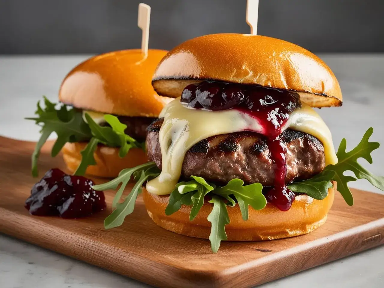 Dwa soczyste burgery wołowe z serem, konfiturą i rukolą na desce.