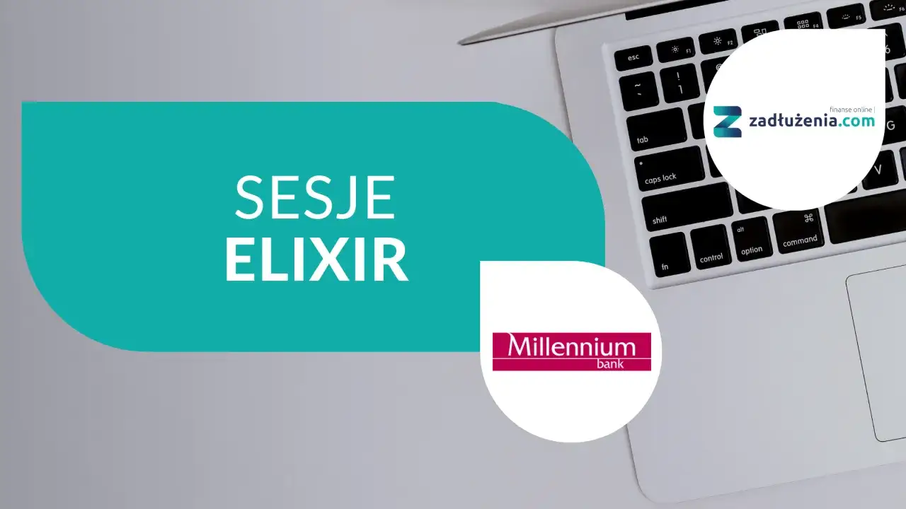 Grafika z napisem "SESJE ELIXIR", logo banku Millennium i fragmentem klawiatury laptopa.