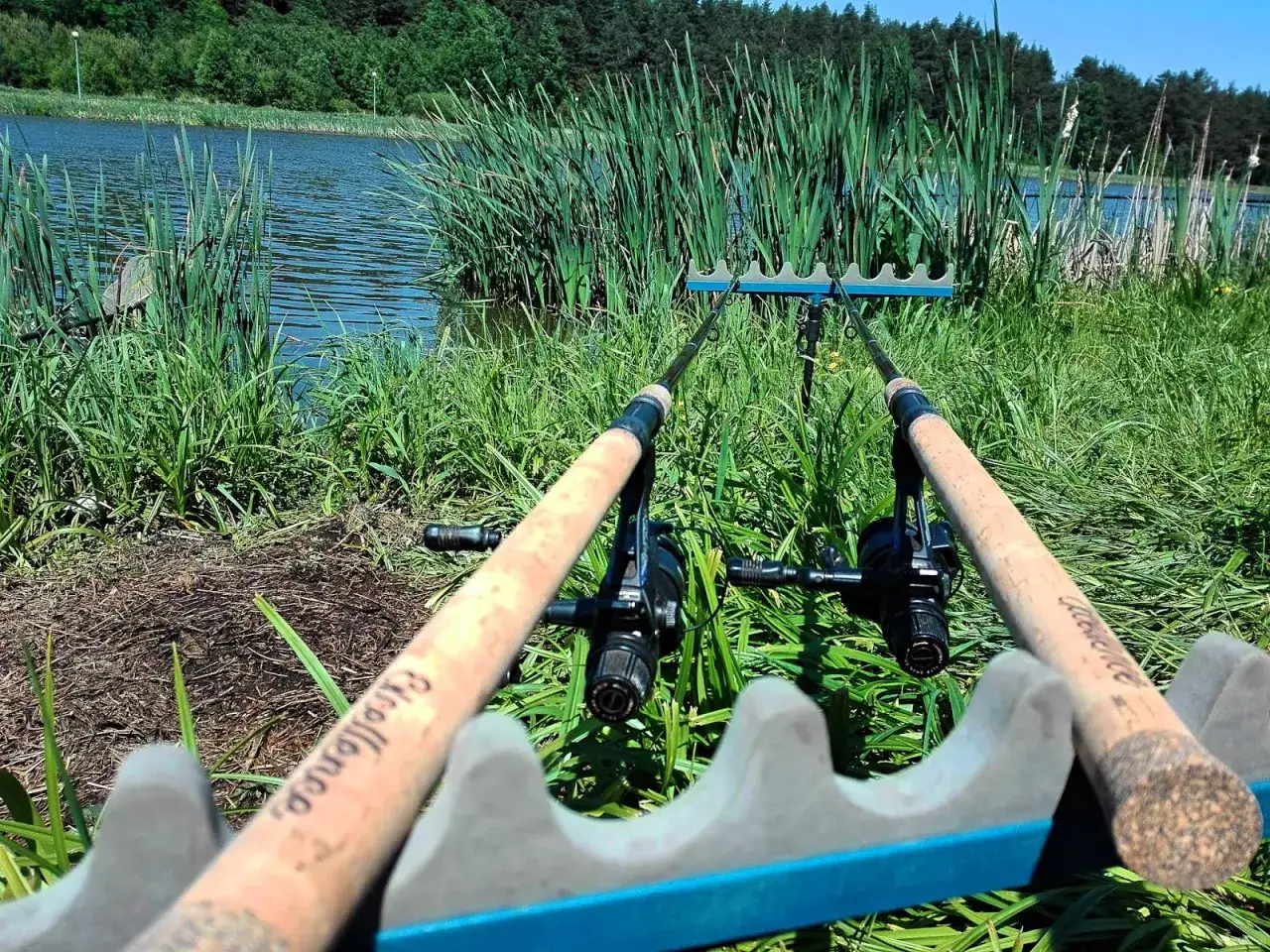 Dwie wędki feederowe czekają nad jeziorem. Idealna jaka wędka na feeder dla każdego wędkarza.
