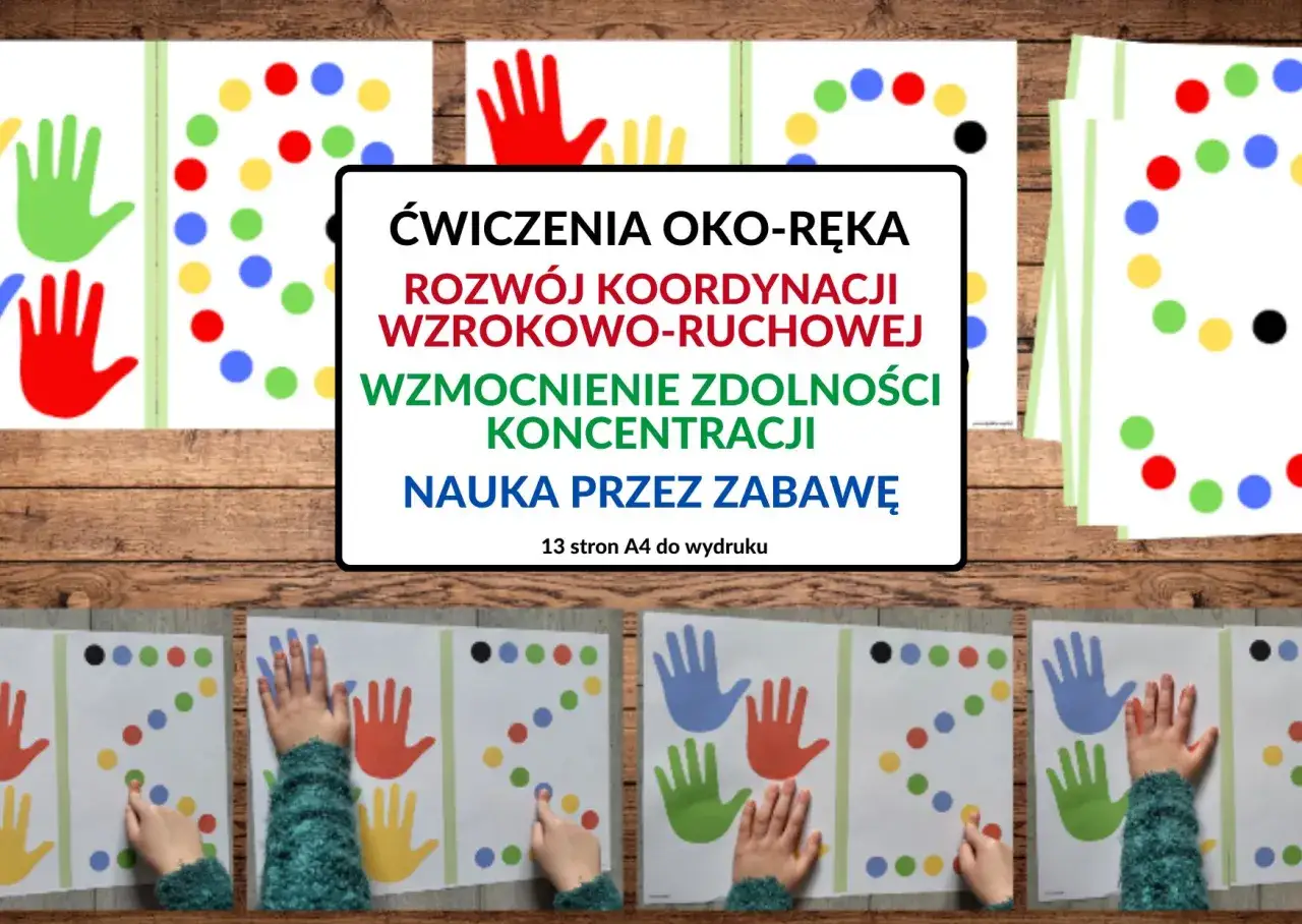 Kolorowe dłonie i kropki na kartach do druku zachęcają do zabaw rytmicznych dla dzieci. Ćwiczenia rozwijają koordynację oko-ręka i koncentrację.