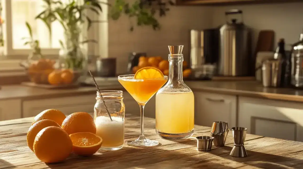 Orzeźwiający drink z likierem pomarańczowym, świeże pomarańcze i składniki do jego przygotowania na drewnianym blacie.