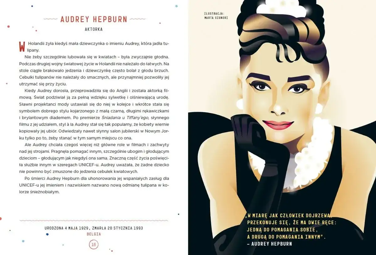 Portret kobiecy wiersz. Ikoniczna Audrey Hepburn w czarnej sukni i białej biżuterii, z cytatem o pomaganiu.