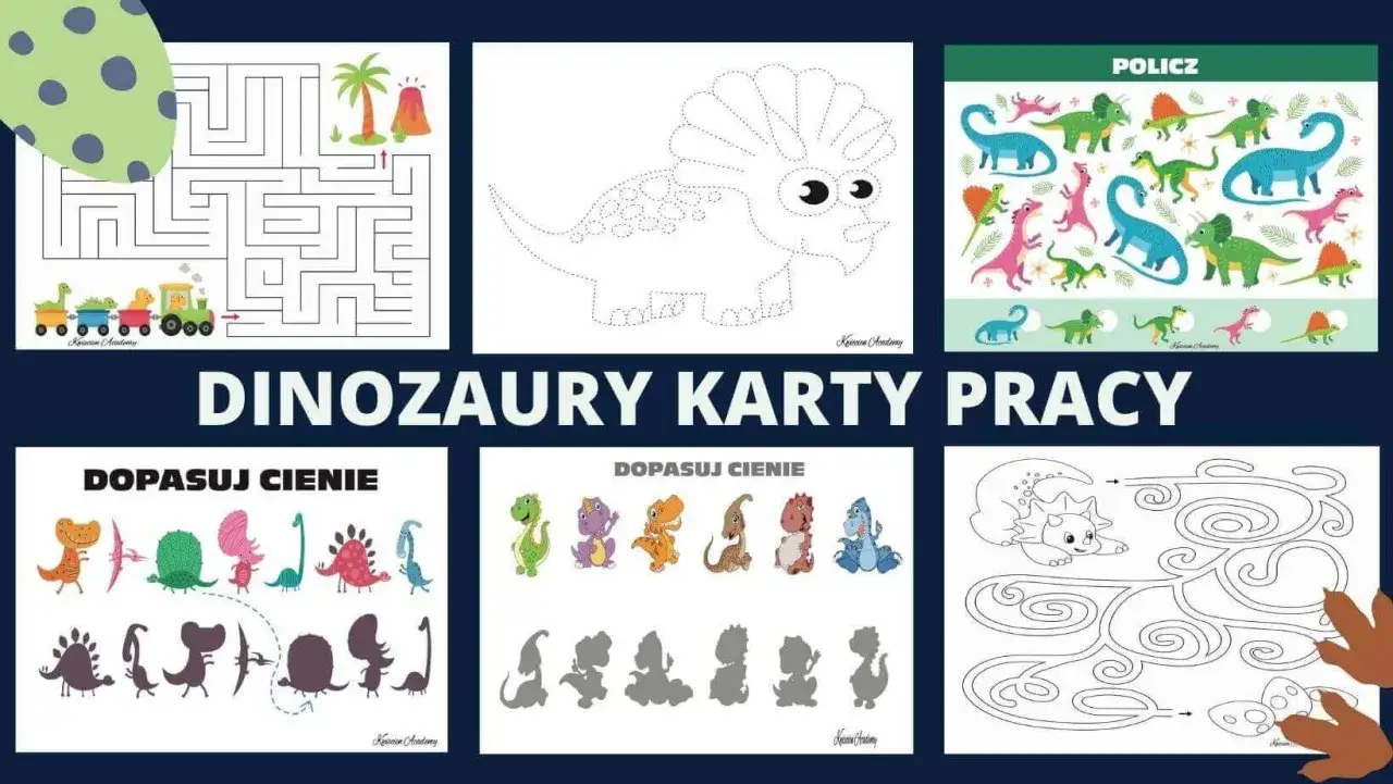 Zestaw kart pracy z dinozaurami: labirynty, dopasowywanie cieni, liczenie i rysowanie po kropkach.
