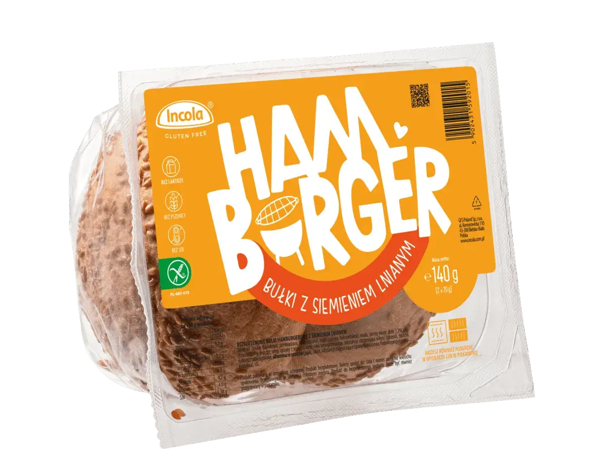 Opakowanie z dwoma bułkami hamburgerowymi bezglutenowymi z siemieniem lnianym.