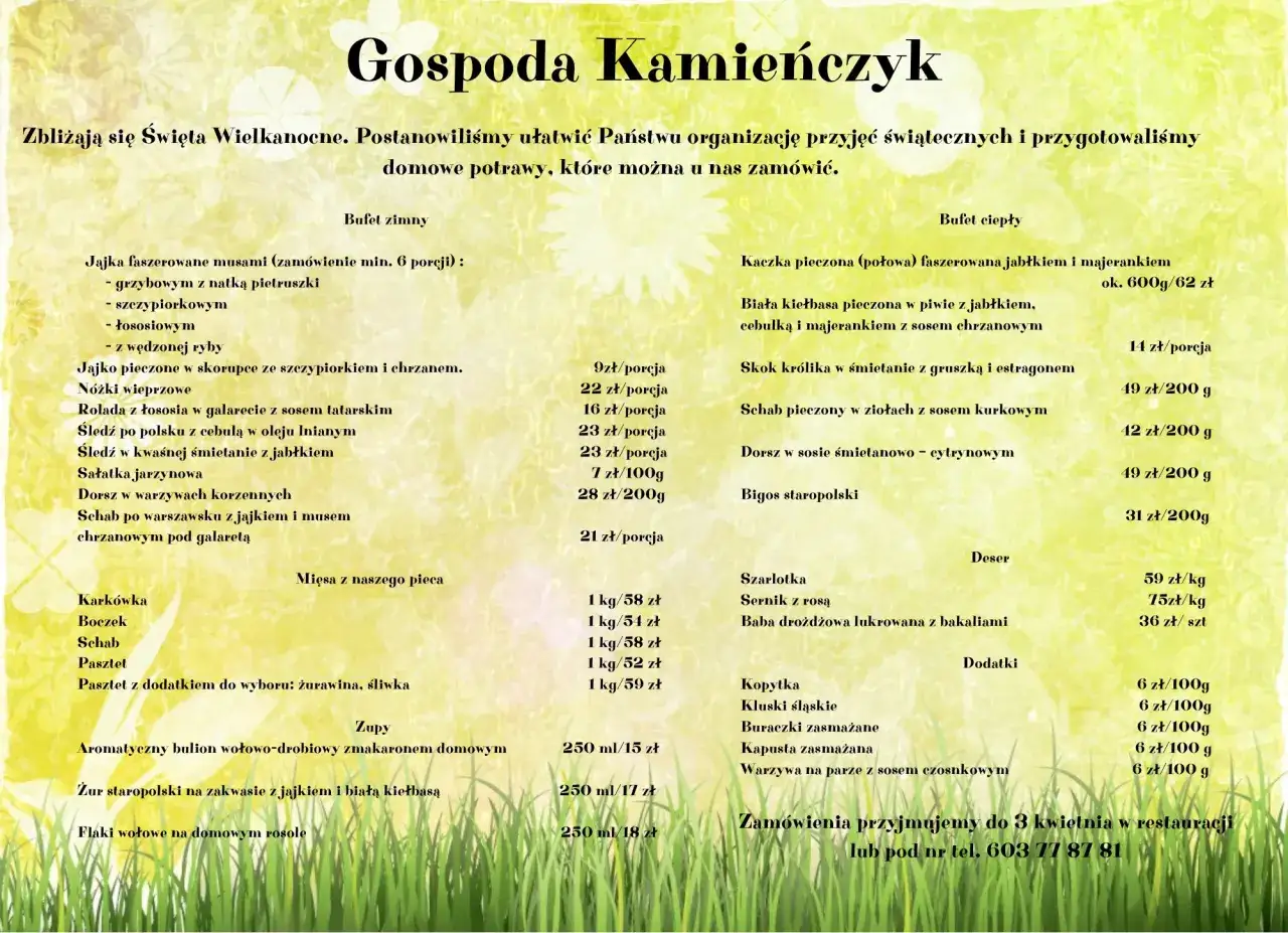 Menu świąteczne z potrawami z Gospody Kamieńczyk, z podziałem na bufet zimny i ciepły.