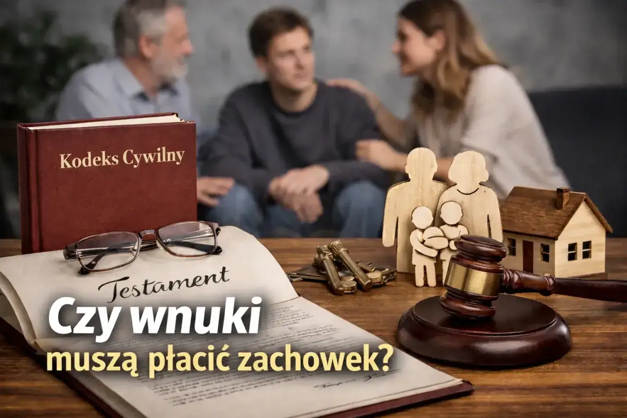Na stole leży testament, obok Kodeks Cywilny, młotek sędziowski i drewniana rodzina. Czy wnuki muszą płacić zachowek?