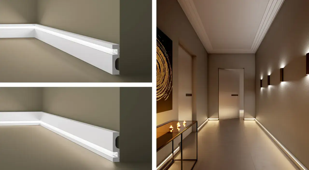 Nowoczesna listwa LED na ścianę tworzy subtelne, rozproszone światło w korytarzu, podkreślając jego architekturę.