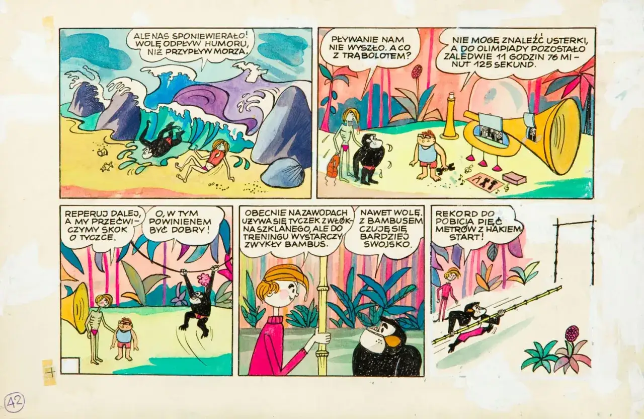 Co to jest komiks? Cztery panele przedstawiające małpy i ludzi w zabawnych sytuacjach, od plaży po dżunglę.