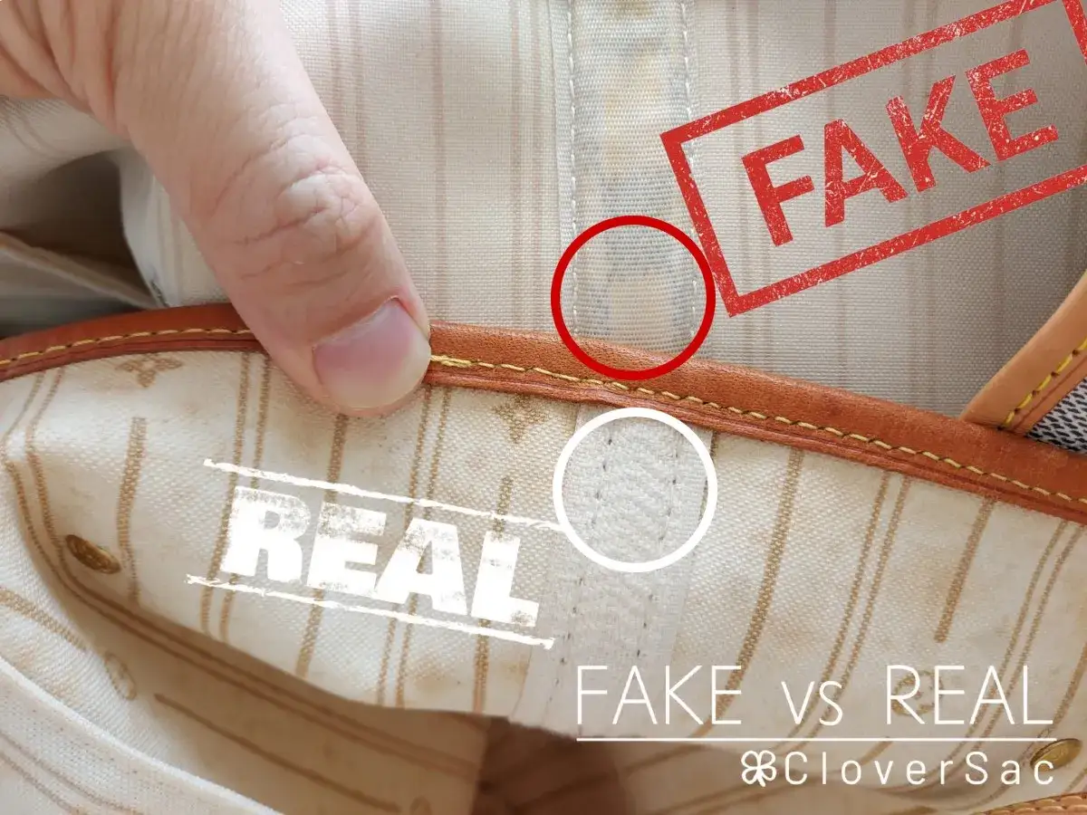 Zbliżenie na wnętrze torby Louis Vuitton Neverfull, porównujące szwy oryginału i podróbki.
