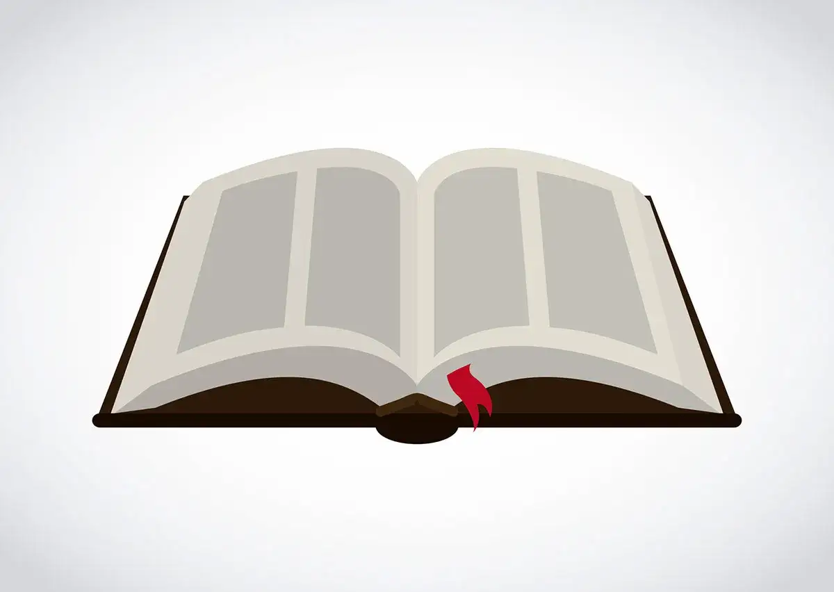 Otwarta księga z czerwoną wstążką, jak w przypowieści o pannach roztropnych.