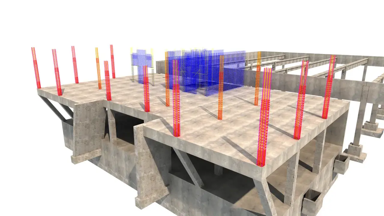 Renderowanie 3D konstrukcji betonowej z widocznym zbrojeniem w postaci prętów.