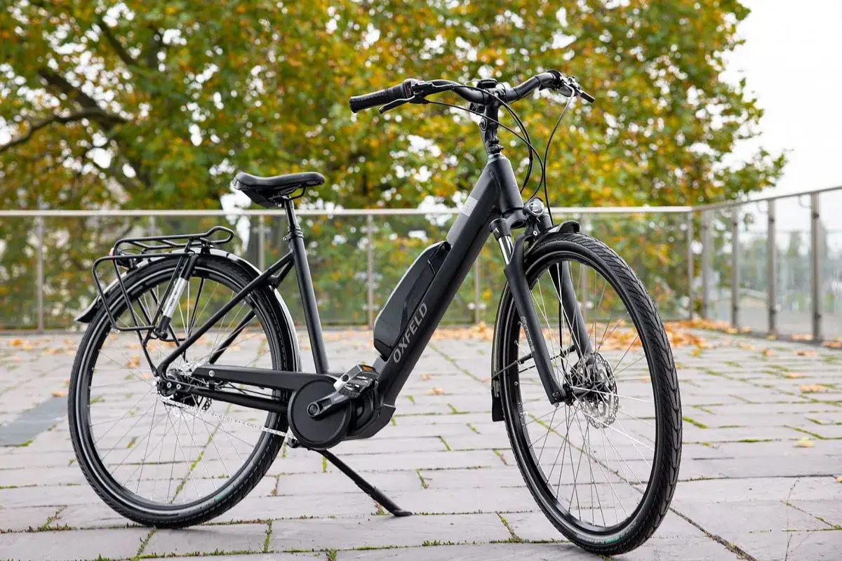 Czarny rower elektryczny Oxfeld z bagażnikiem, gotowy na jesienne przejażdżki po parku.
