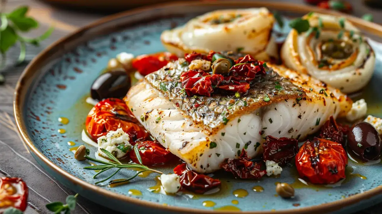 Dorsz pieczony z pomidorami suszonymi, oliwkami i kaparami