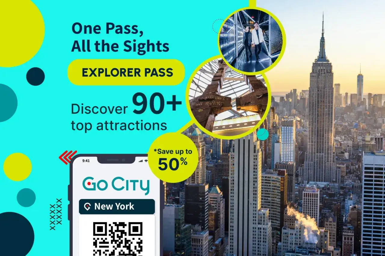 New York skyline with Empire State Building, phone showing Go City app, and circular images of attractions.