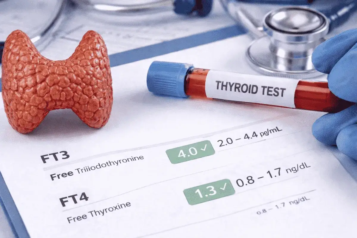 Wyniki badań tarczycy: FT3 4.0, FT4 1.3. Model tarczycy i probówka z krwią do testu.