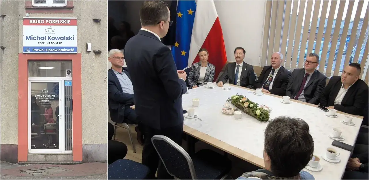 Biuro poselskie Michała Kowalskiego. Spotkanie przy stole z flagami Polski i UE.