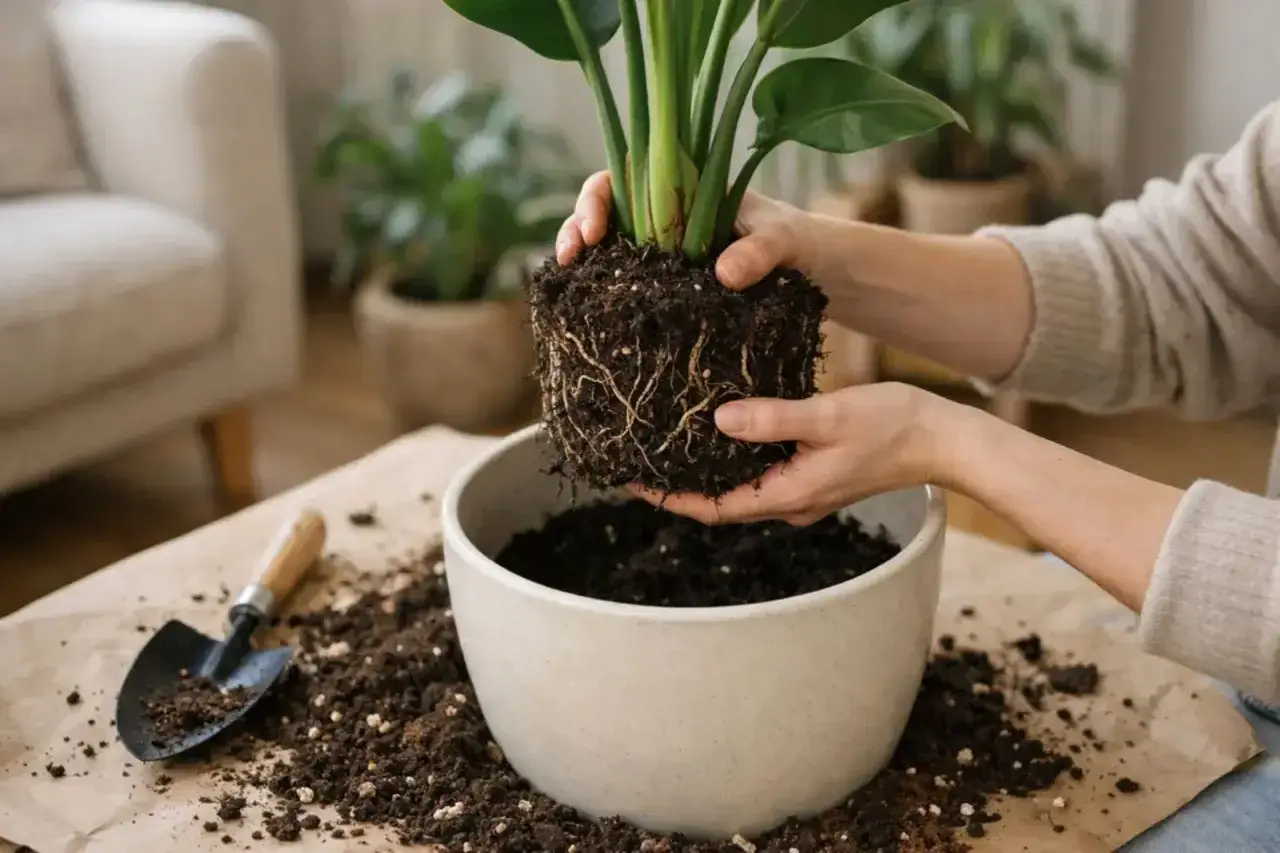 Przesadzanie strelicji. Dłonie trzymają bryłę korzeniową z ziemią, gotową do umieszczenia w nowej donicy. Odpowiednia ziemia do strelicji to klucz do jej zdrowego wzrostu.