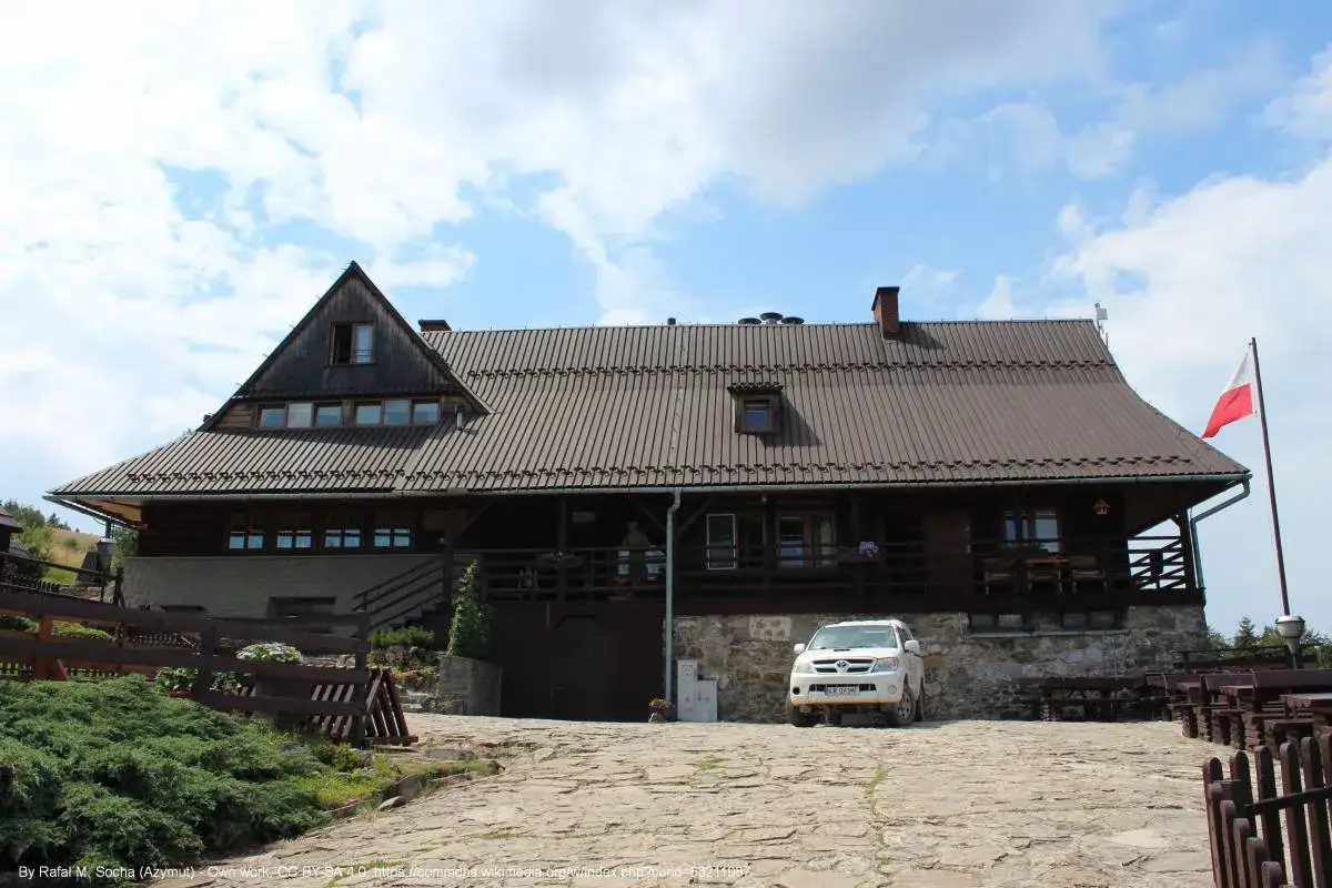 Drewniana bacówka Biała Woda z białym SUV-em na kamienistym podjeździe. Biało-czerwona flaga powiewa na maszcie.