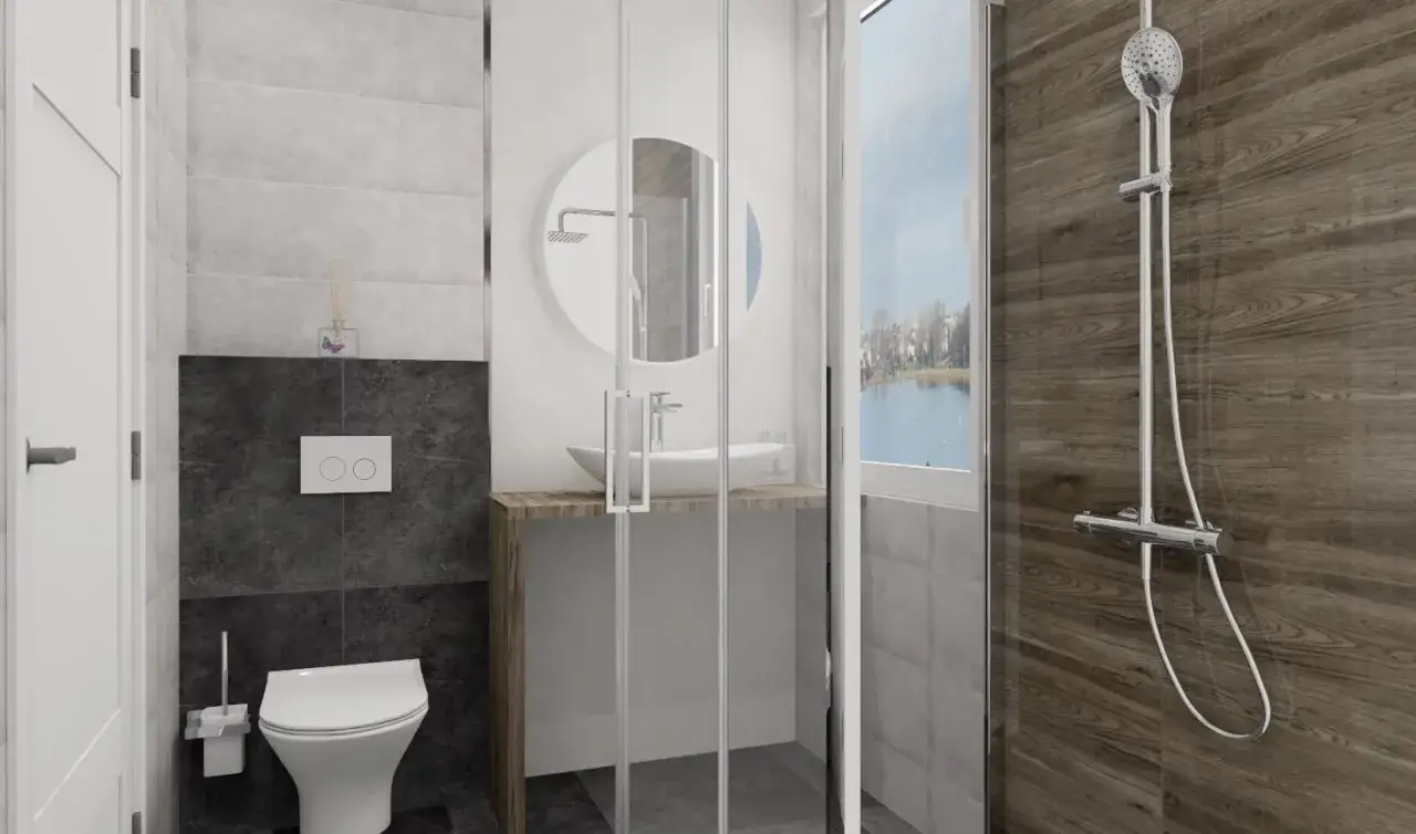 Nowoczesna łazienka z białym WC, umywalką i prysznicem z drewnianą ścianą.