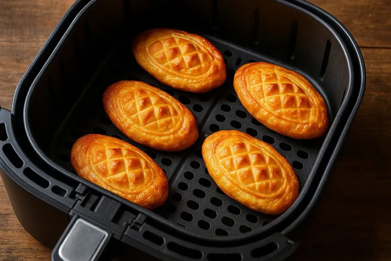 Pięć oscypków w czarnym koszu frytkownicy beztłuszczowej.