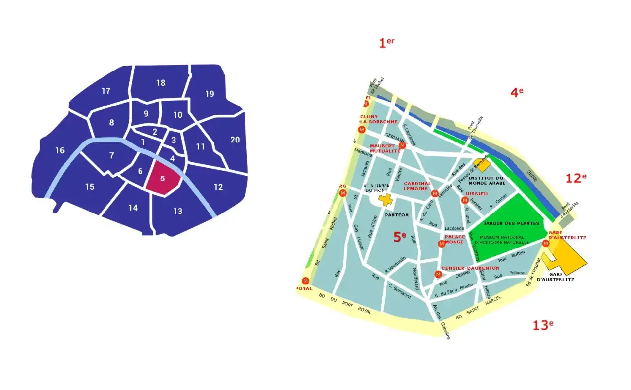 Mapa Paryża z zaznaczonymi dzielnicami. 5 dzielnica Paryża, znana jako Dzielnica Łacińska, jest widoczna na mapie.