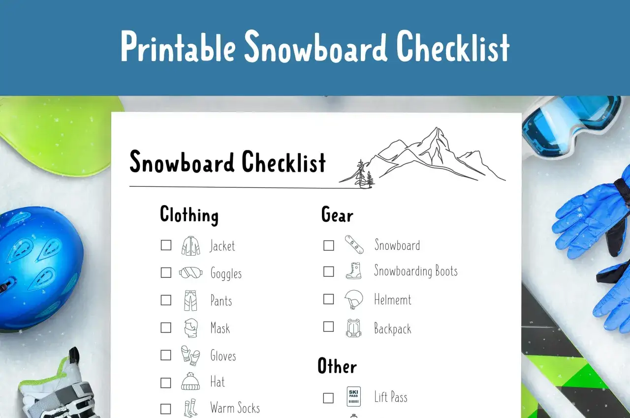 Checklista snowboardowa z ikonami odzieży i sprzętu, w tym kask, gogle i deska.