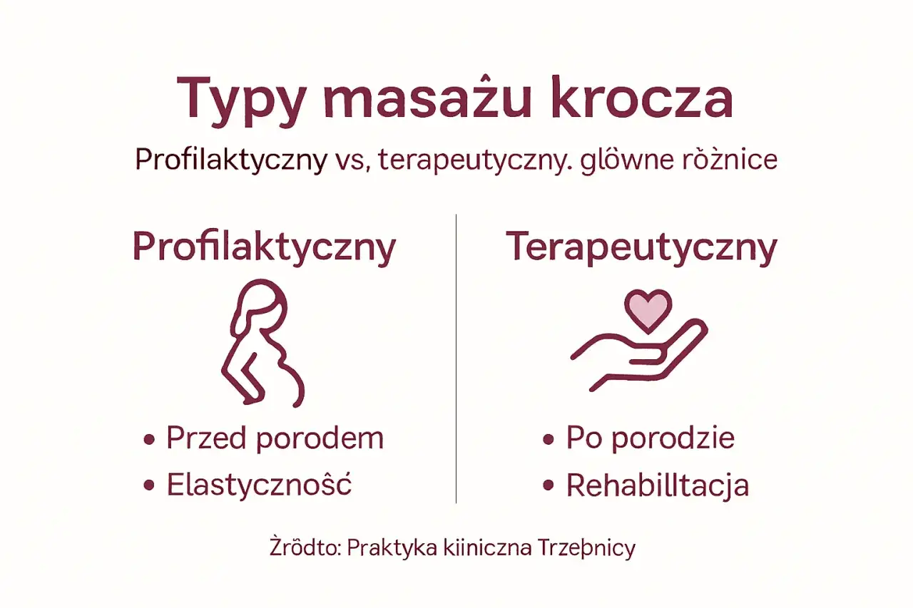 Porównanie masażu krocza: profilaktyczny (przed porodem, elastyczność) i terapeutyczny (po porodzie, rehabilitacja). Jak wykonać masaż krocza?